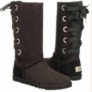 Ugg 8 Black Knit Winter‎ Boots 1000693 Back Lace Up Sheepskin HEIRLOOM